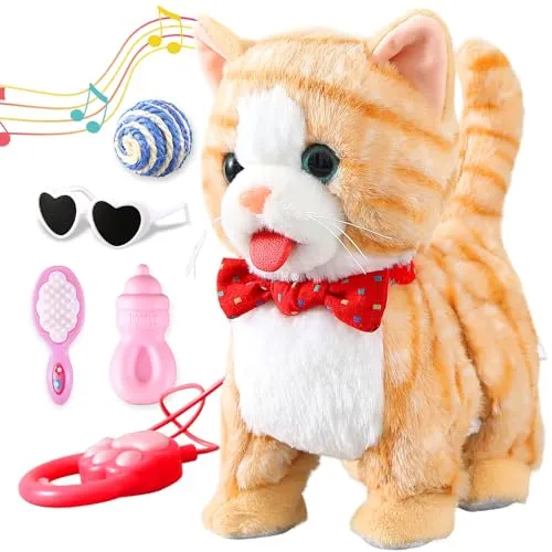 Marsjoy Gemusterte gelbe Leine zum Spazierengehen, interaktiv, sprechende Katze, singend, tanzend, Kätzchen, Nachahmung, Wiederholung, was Sie sagen, Kitty Touch und Sprachsteuerung, Wackelschwanz,