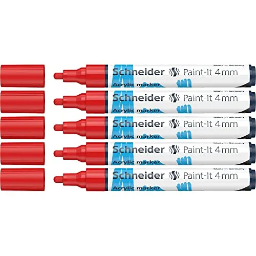 Schneider 120202 Paint-It Acrylstifte (mit 4 mm Rundspitze, hochdeckende Acrylfarben für Holz, Leinwand, Stein uvm.) 5er Pack, rot