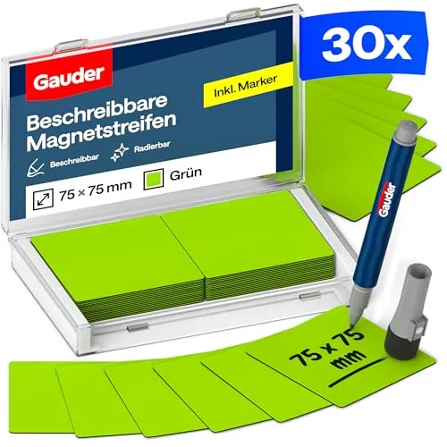GAUDER Magnetetiketten beschreibbar - Wiederverwendbare Magnetschilder zum Beschriften für Whiteboard, Tafel, Kanban-Board und Kühlschrank - Magnetkarten mit Marker (30 Stück - 75 x 75 mm)