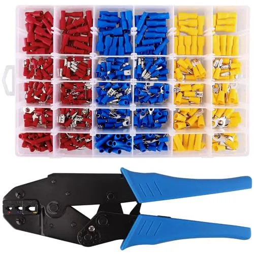 Pluworks Crimpzange mit 500 tlg. Kabelschuhe, Quetschverbinder enthält Ring-Kabelschuhe, Rundstecker, Rundsteckhülsen, Flachstecker, Flachsteckhülsen, Gabelkabelschuhe und Stoßverbinder