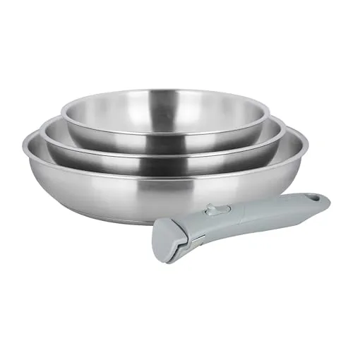Sitram Arpege 716942 Pfannen-Set, 3 Stück, Edelstahl, Ø 20,24,28 cm, Außenspiegel – Gesundes Kochen, da ohne schädliche Antihaftbeschichtung – abnehmbarer Griff SITRAMOVIBLE – für alle Herde, auch