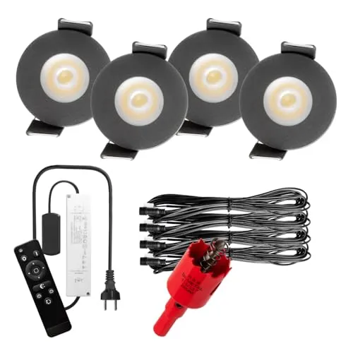 S-Polytec PREMIUM Mini LED- Einbauspots Kaltweiss 6.000K, DIMMBAR, IP65, FUNK 3W Einbaustrahler Terrassenüberdachung, Bad, Sauna mit Fernbedienung (ANTHRAZIT, 4x LED-SET (Kaltweiß))