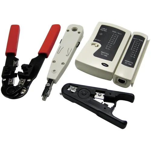 LogiLink Netzwerk-Werkzeug-Set WZ0012 - Anschlussklemmen & Kits, 4-teiliges Set für einfache Herstellung von Netzwerkkabeln und Installation von Dosen, inklusive Crimpzange, Abisolierzange und Kabeltester.
