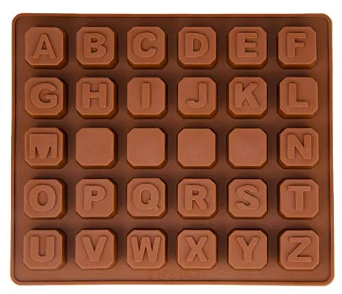 BlueFox Silikonform Buchstaben, Alphabet, Eiswürfelform, Pralinenform, Schokoladenform, 17,5 x 14,5 x 1,5cm, Gießform, Eiswürfelform, Beton, Fondant, Backform, Kuchenverzierung, Farbe: Braun