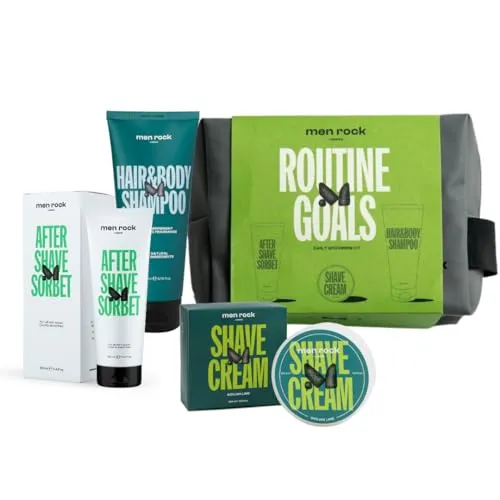 Men Rock Pflegeset für Männer – Rasierset mit Hair & Body Shampoo, After Shave Balsam & Sicilian Lime Rasiercreme - Handrasursets für Herren – Ideal für Reisen, das kompakte Pflegeset bietet luxuriöse Rasurprodukte und eine stilvolle Kosmetiktasche für optimale Organisation unterwegs.