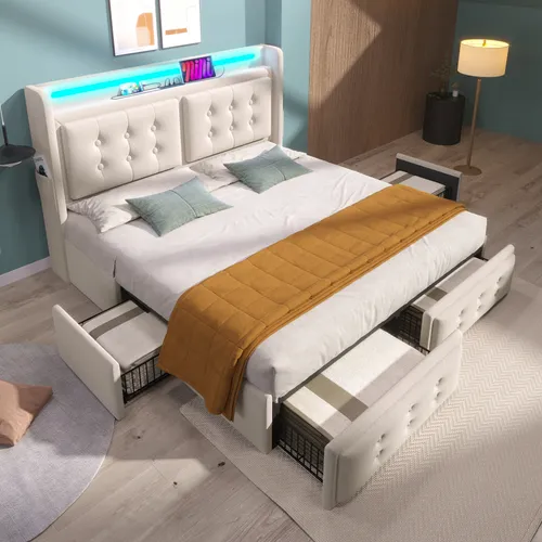 STILVORA Polsterbett 160x200cm Jugendbett mit USB-Ladeanschluss und LED-Beleuchtung,Stauraumbett mit 4 Schubladen&Lattenrost,Beige(Ohne Matratze)