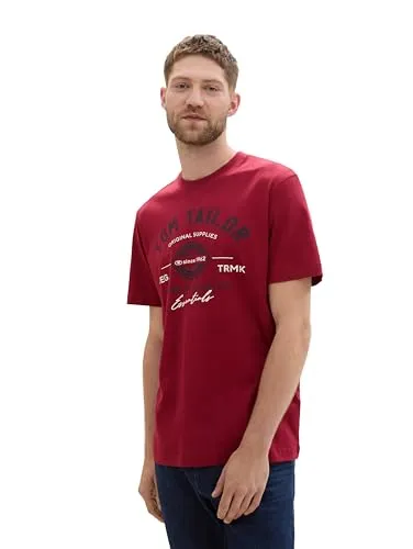 TOM TAILOR Herren T-Shirt mit Logo-Print aus Baumwolle, Deep Red, XXL