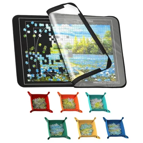 Puzzlematte mit Abdeckung, Puzzlebrett für 1000 500 Teile, 32*22 inches, Rutschfeste Puzzle Board Saver für Puzzle Storage Organizer, Geschenk für Kinder Erwachsene (6 Sorting Trays & 1 Clear Cover)