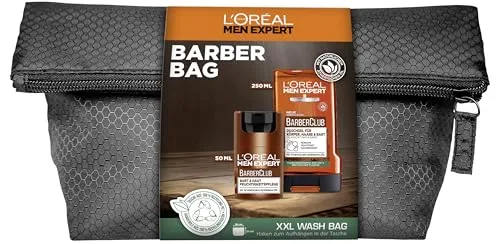 L'Oréal Men Expert Bartpflege-Set für Männer, Geschenkset mit Gesichtscreme, Duschgel und Kulturbeutel, Geschenke für Herren mit Zedernholzöl, Barber Club, 1 x 50 ml, 1 x 250 ml
