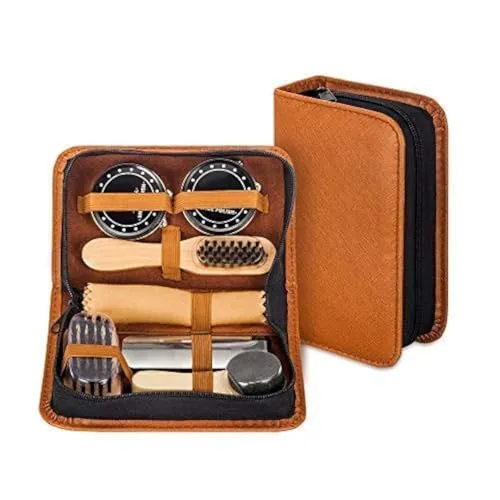 make it funwan Schuhputz-Set mit elegantem PU Etui - Schuhputzset für unterwegs, leicht und tragbar in einem stilvollen Etui. Enthält 7 hochwertige Zubehörteile für perfekt polierte Schuhe – die ideale Geschenkidee für stilbewusste Reisende.