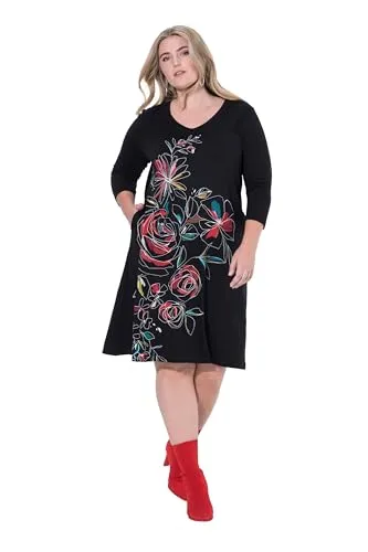 MIAMODA Damen große Größen Übergrößen Plus Size Kleid, A-Linie, Blumenmuster, 3/4-Ärmel schwarz 52 843853100-52