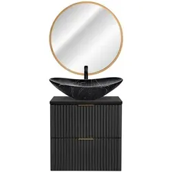 Lomadox Badmöbel-Set ADELAIDE-56-BLACK - Elegantes Badmöbel-Set in matt schwarz mit gerillter Front, Softclose-System und hochwertigem Keramikwaschbecken für ein stilvolles Badezimmer.