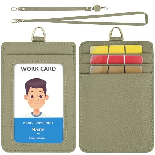Wason Ausweishalter Echtleder Hülle Abnehmbarem Umhängeriemen Handschlaufe ausziehbarem Ausweis Rollenhalter, 5 Kartenfächer von Studenten Krankenschwestern Ärzten Ingenieuren Fahrern (Hellgrün)