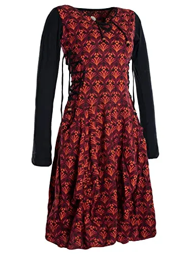 Vishes - Alternative Bekleidung - Langarm Damen Jersey-Kleid Blumenkleid Schnürung V-Ausschnitt dunkelrot 48