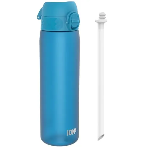 ion8 Trinkflasche Mit Strohhalm, 500 ml, Auslaufsicher, Einhandöffnung, Sichere Verriegelung, Spülmaschinenfest, BPA-frei, Tragegriff, Klappdeckel, Leicht zu Reinigen, Klimaneutral, Blau