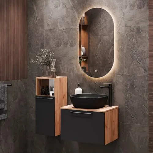 Planetmöbel Astra Badmöbel Set 60 cm mit Midischrank - Komplettprogramm für Badezimmer, inklusive Waschtisch und Midischrank aus langlebigen Holzwerkstoffen, ideal für eine individuelle Badgestaltung mit viel Stauraum.