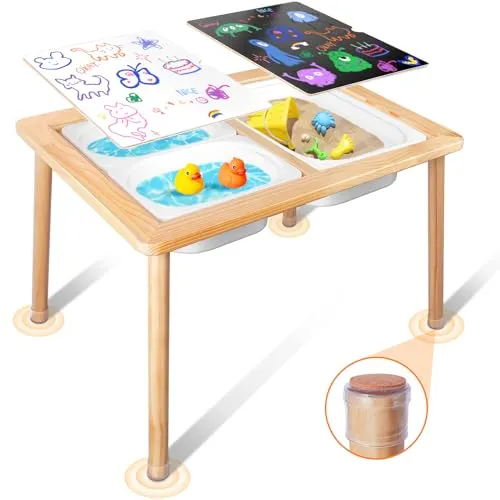 TERRAMUS Kindertisch, Sensorischer Tisch, Kindertischgruppe mit 3 Stauraum, Kindermöbel, Sandspieltisch, Wasser Spielen Tabelle, Sensory Table aus Holz, Maltisch, Aktivitätstisch für Kinder ab 3 Jahre