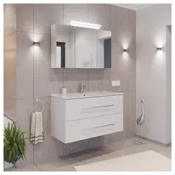 Lomadox Badmöbel-Set HARLINGEN-02, (Spar-Set, 2-St., Waschtisch Spiegelschrank), weiß, 2 Schubladen, LED Aufsatzleuchte, 100 cm breit weiß 101 cm x 200 cm x 47 cm