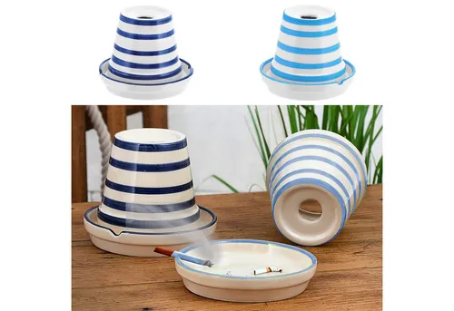 CEPEWA Aschenbecher Sturmaschenbecher Maritim 2er Set blau weiß gestreift Ø12cm Dolomit