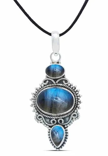 mantraroma Kettenanhänger 925 Silber Labradorit grün blauer Stein Edelstein Kettenanhänger Damen Sterling Silber Halskette Anhänger Geschenk (MAH-076-05)