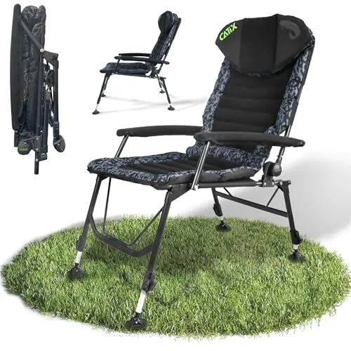 Catix D-Camou Chair Angelstuhl – Bis 120kg Tragkraft – Verstellbare Rückenlehne bis Liegeposition – Black/Grey Camou Design – Gepolstert mit Armlehnen & Kopfkissen – Stabiler Stahlrahmen