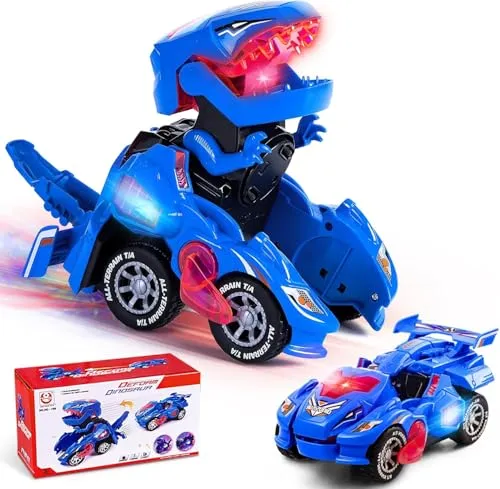 Yellcetoy Dinosaurier Transform Auto, Transformator Dino Spielzeug mit Musik und Licht Automatische Transforming Dinosaur Car für 3 4 5 6 7 Jahre Jungen Blau