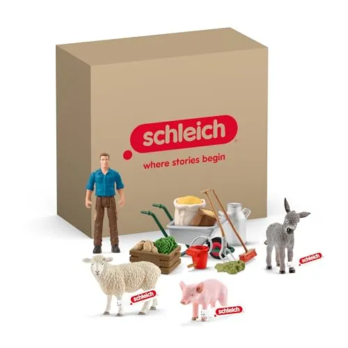 SCHLEICH Farm World | Tierset Tierfütterung 72287 | detailliertes Set aus Esel, Schwein, Schaf mit Zubehör & Bauer Paul | Bauernhof Spielzeug ab 3 Jahre | 19-teiliges Set | exklusiv bei Amazon
