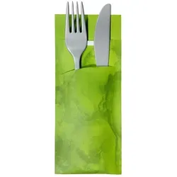 Bestecktaschen mit Servietten in vielen Farben und Dekoren - Servietten für Gastronomie und Privat, ideal für jeden Anlass und modern im Design. Farbe: apfel-grün marmoriert, aus umweltfreundlichem Papier.