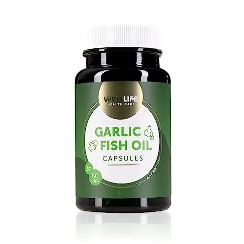 WellLife Knoblauch Fischöl Kapseln hochdosiert Vitamin E Omega 3 EPA & DHA Triglycerid Form Unterstützung Herz Kreislauf Blutdruck-Management 60 Tabletten