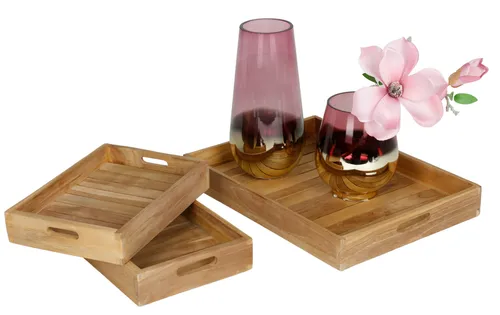 Teakholz Tablett-Set 3tlg – Serviertabletts für Küche und Dekoration - Praktisches 3-teiliges Set aus hochwertigem Teakholz. Ideal für das Servieren von Speisen oder als stilvolle Dekoration. Mit praktischen Griffen und elegantem Design.