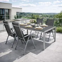 Gartengarnitur 5tlg Alu Silber Non-Wood mit Hochlehnern - Elegante Sitzgruppe für den Garten mit 4 Hochlehnern. Klappbares Design, robustes Aluminium und pflegeleichte Materialien sorgen für Komfort und Stil im Freien.