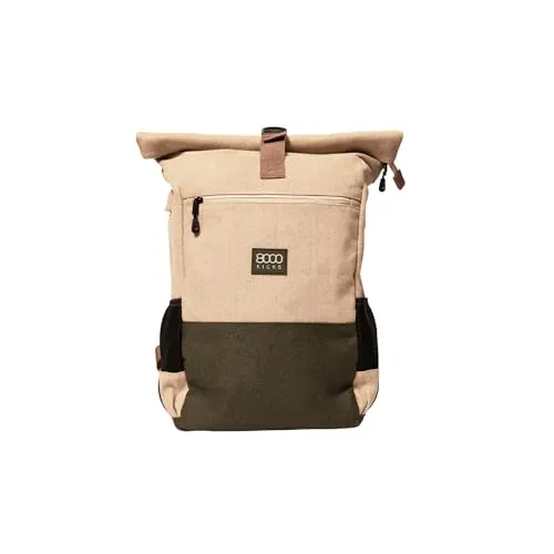 8000Kicks Everyday Hanf-Rucksack | Rolltop-Rucksack mit erweiterbarem oberen Teil | Leicht und wasserabweisend | Mit Anti-Diebstahl-Tasche und geräumigem Innenraum (Beige/Grün)