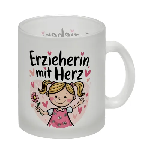 Fröhliches Cartoon-Mädchen - Erzieherin mit Herz Glas Tasse