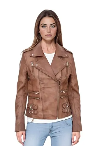Infinity Leather Damen Leder Bikerjacke Hellbraunes Braun Echtes Lammnappa Vintage Gothic Schnalle