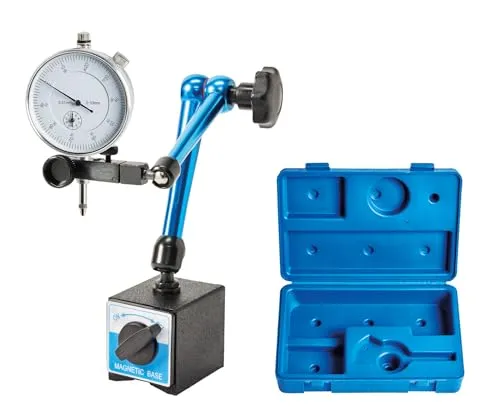 WABECO Magnet-Messstativ mit Zentralklemmung und Messuhr im Kunststoffkoffer, Präzisions-Messstativ mit Magnetfuß, Feinmessuhr 0,01 mm nach DIN 878, Magnetfuß 80 kg Haftkraft