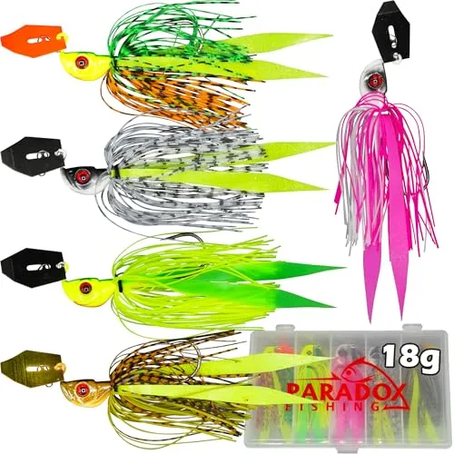Paradox Fishing Chatterbait Set für Hecht I 5 Stück 18g I Jig Spinnerbait & Raubfischköder mit Fransen-Skirt