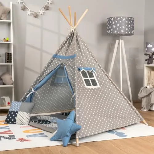 Paco Home Kinderzelt Tipi Zelt für Kinderzimmer Spielzimmer Innen Indoor Robust Stabil Wigwam versch. Muster, Farbe:Blau, Sets:Mit Zubehör