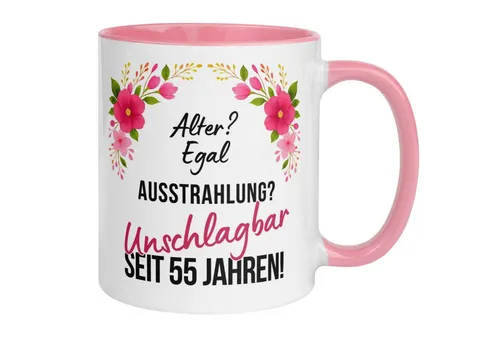 Momentals Tasse Geschenk zum 55. Geburtstag Frau – „Ausstrahlung einfach Unschlagbar“, Beidseitiger Druck · Links- & Rechtshänder · Spülmaschinenfest