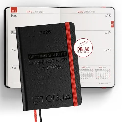 TOBJA Taschenkalender 2026 A6 schwarz - 1 Woche 2 Seiten - Praktischer Terminkalender im kompakten A6-Format mit robustem Hardcover, ideal für unterwegs. Inklusive Ferien, Feiertagen und zwei Lesebändchen für einfache Planung.
