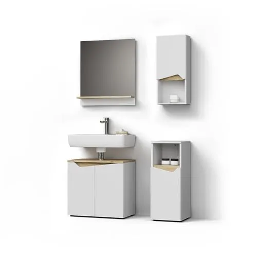 Livinity® Badmöbel-Set Timavo, Weiß/Artisan-Eiche, 4 Teile - Elegantes Badmöbel-Set mit Badspiegel, Waschtischunterschrank, Midischrank und Hängeschrank. Robuste Melaminharzbeschichtung sorgt für Langlebigkeit und pflegeleichte Oberflächen.