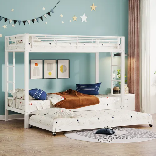 Etagenbett mit Gästebett, 90x200cm - Modernes Metallbett mit Rausfallschutz - Etagenbett mit 2 Liegeflächen und praktischem Gästebett, ideal für Kinder und Gäste. Hohe Stabilität, modernes Design und Rundum-Absturzschutz sorgen für Sicherheit und Komfort.