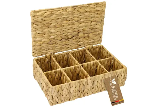 HMF Teebox Teebox für Teebeutel geflochten aus Wasserhyazinthe, Wasserhyazinthe, Tee Aufbewahrungsbox mit 8 großen Fächern, 33 x 21 x 10 cm