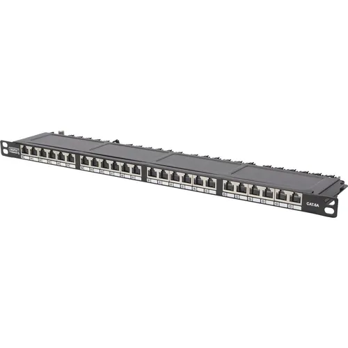 DIGITUS 24-Port Cat-6 Patchpanel - 19-Zoll Rack-Montage, vollgeschirmt für zuverlässige Gigabit-Konnektivität, einfache Installation durch farbcodierte LSA-Leisten und integrierte Staubschutzklappe.