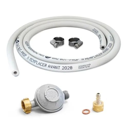 PROWELTEK Komplettes Gasanschluss-Set für Gaskocher Flexibler Schlauch Ø 6 x 12 L: 1,50 m + Nippeldüse + Butanregler 28 mbar