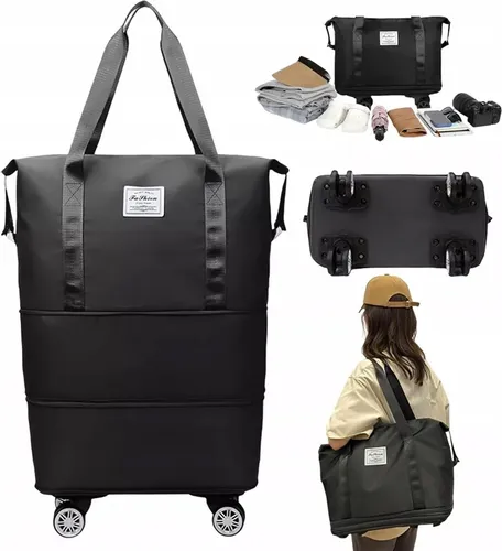 OKWISH Reisetasche mit Rollen, faltbar, erweiterbar, Handgepäck Trolley, Weekender Tasche, Damen Reisegepäck, Kabinentasche, Reise Duffel Bag, schwarz