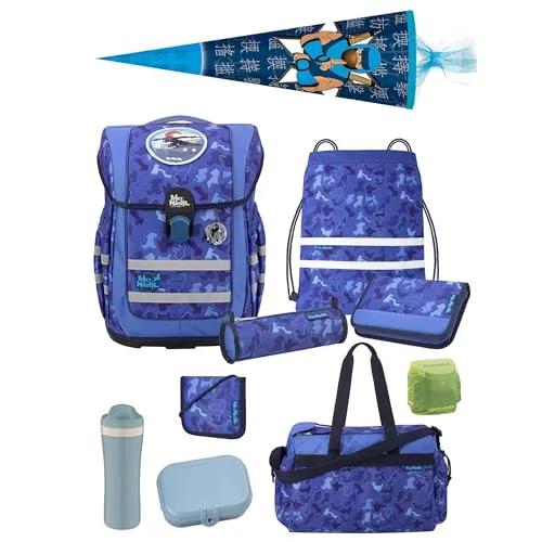 Familando McNeill Schulranzen 1. Klasse · ergonomischer Tornister · Schultasche für Jungen und Mädchen im Set (10-teiliges Set, Puzzle; Blau)