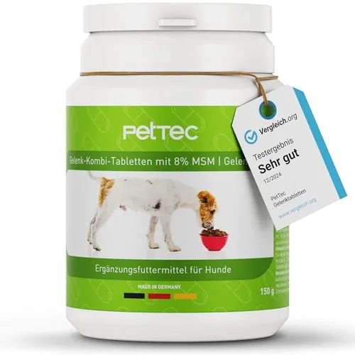 PetTec® Gelenktabletten Hund [Made IN Germany] - Gelenkpulver Gelenk- und Knochenschutz - Enthält MSM & Teufelskralle und weitere Nahrungsergänzungsmittel für Hunde - 165 Kapseln Gelenktabletten 150g