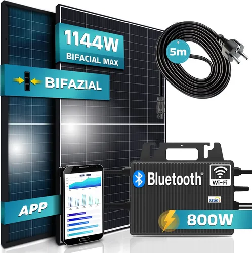 SUNNIVA® 1144W Balkonkraftwerk 800W - Komplettset für einfache Solarstromnutzung - Netzgebundene Photovoltaikanlagen mit 1144W Leistung, ideal für Balkon und Terrasse. Hohe Effizienz und bis zu 360,- EUR jährliche Stromkosteneinsparung.