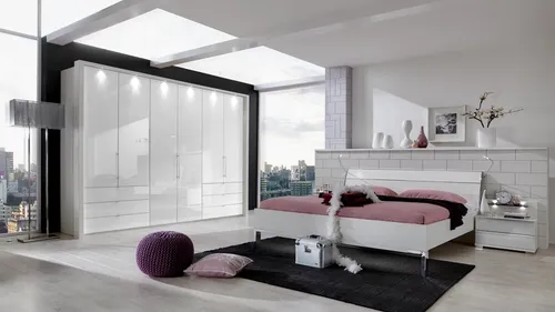 Schlafzimmer Set Loft Kleiderschrank Bett Nachtkommode in weiß mit Glas