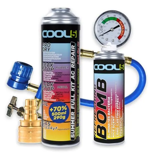 Cool5 Ersatzkältemittel r1234yf für Autoklimaanlagen – 1 Dose 5in1, 290g + Druckleitung mit Manometer + Adapter + Lufterfrischer für Auto, 136g